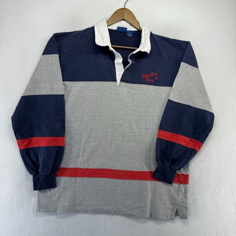 Vintage Miller Rugby Shirt Men's XL Blue Gray Colorblock Bowling Beer y2k 90s